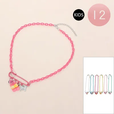 Fashnzfab 12pcs - Kids Butterfly Charm Drop Safety Pin Pendant Necklaces In Pink