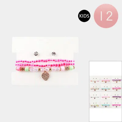 Fashnzfab 12pcs - Kids Stone Paved Heart Charm Pointed Faceted Beaded Multi Layered Stretch Bracelets With Ear