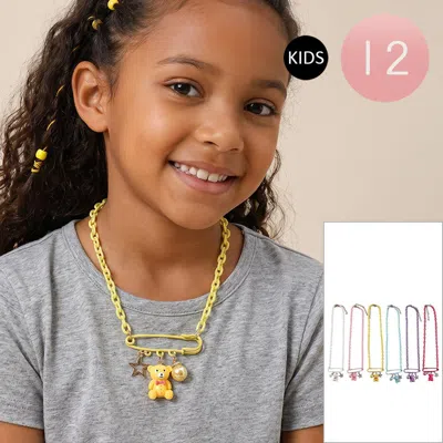 Fashnzfab 12pcs - Kids Teddy Bear Star Pearl Charm Drop Safety Pin Pendant Necklaces In Gold