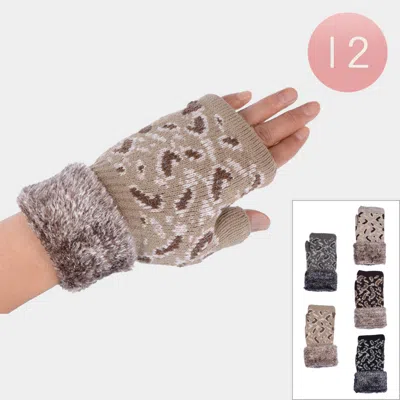 Fashnzfab 12pcs - Leopard Pattern Knit Fur Fingerless Gloves In Brown