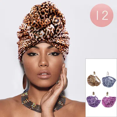 Fashnzfab 12pcs - Leopard Patterned Turban Hats In Animal Print