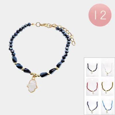 Fashnzfab 12pcs - Mother Of Pearl Hamsa Hand Charm Faceted Beaded Bracelets In Blue