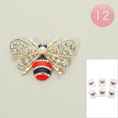 Fashnzfab 12pcs - Pearl Accent Rhinestone Pave Bee Pin Brooches In Red