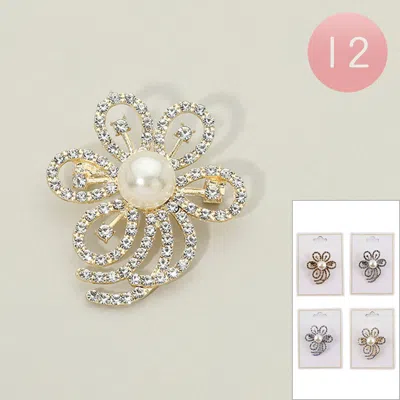 Fashnzfab 12pcs - Pearl Accent Rhinestone Pave Flower Pin Brooches In Multi