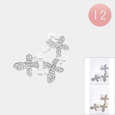 Fashnzfab 12pcs - Pearl Accent Rhinestone Pave Triple Butterfly Pin Brooches In Metallic