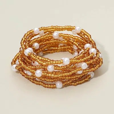 Fashnzfab 12pcs - Pearl Accent Seed Beaded Stretch Multi Layered Bracelets In Gold
