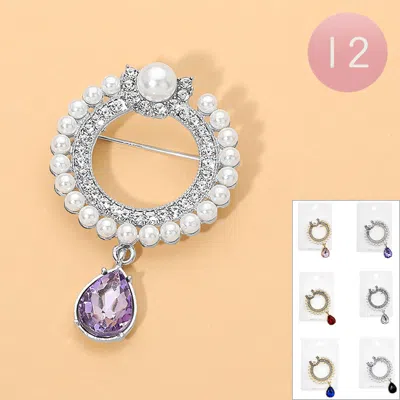 Fashnzfab 12pcs - Pearl Embellished Circle Oval Stone Cluster Drop Pin Brooches In Multi