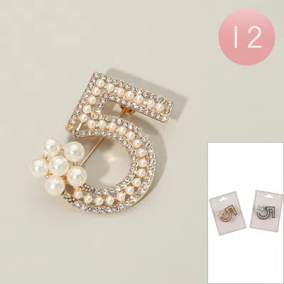 Fashnzfab 12pcs - Pearl Embellished Floral Number Five Pin Brooches In Multi