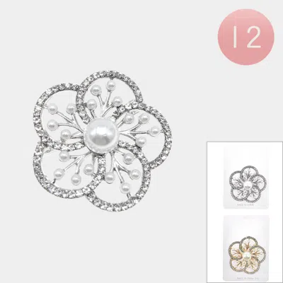 Fashnzfab 12pcs - Pearl Embellished Rhinestone Pave Rim Flower Pin Brooches In Silver