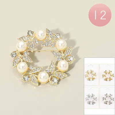 Fashnzfab 12pcs - Pearl Floral Leaf Branch Wreath Pin Brooches In Gold
