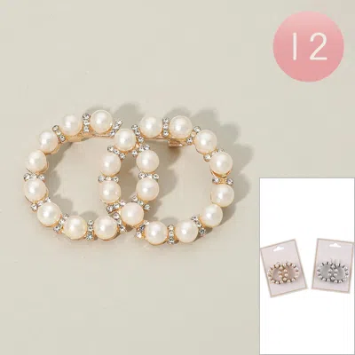 Fashnzfab 12pcs - Pearl Interlocking Double Circle Pin Brooches In Multi