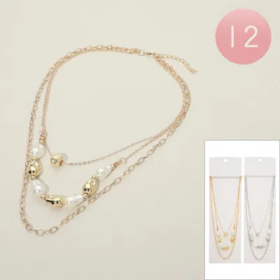 Fashnzfab 12pcs - Pearl Metal Pebble Beaded Triple Layered Necklaces In Gold