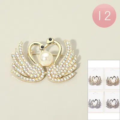 Fashnzfab 12pcs - Pearl Rhinestone Pave Double Swan Pin Brooches In Gold
