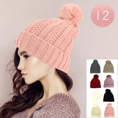 Fashnzfab 12pcs - Pom Pom Knit Cuffed Winter Beanie Hats In Pink