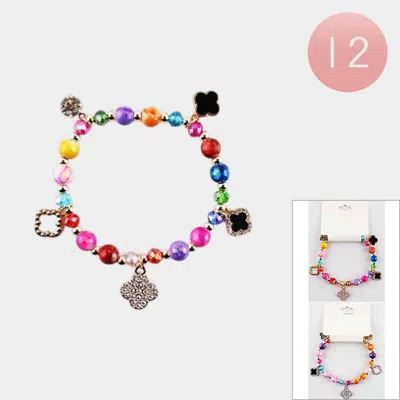 Fashnzfab 12pcs - Quatrefoil Charm Beaded Stretch Bracelets In Pink