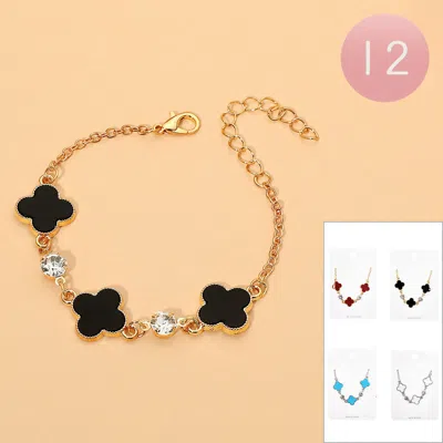 Fashnzfab 12pcs - Quatrefoil Charm Stone Link Bracelets In Metallic