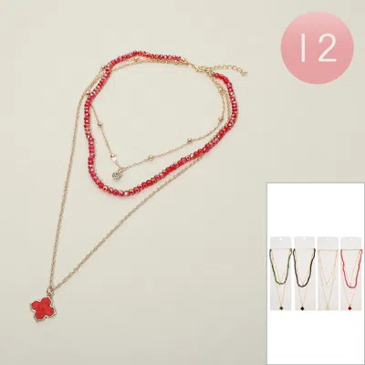 Fashnzfab 12pcs - Quatrefoil Pendant Accent Layered Beaded Necklaces In Red