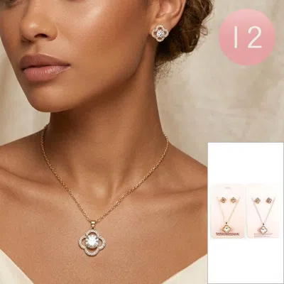 Fashnzfab 12pcs - Quatrefoil Pendant Necklace Earrings Set In Gold