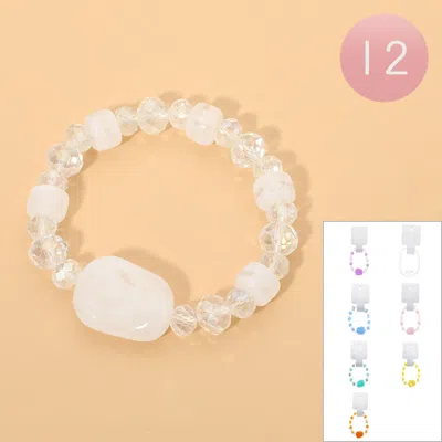 Fashnzfab 12pcs - Resin Pebble Beaded Stretch Bracelets In White