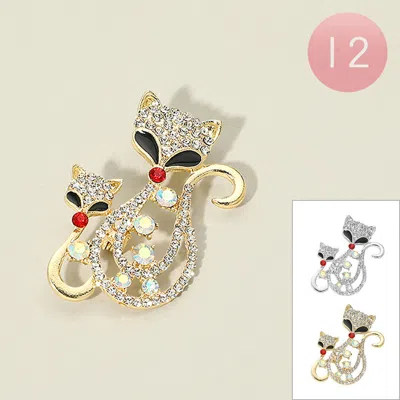 Fashnzfab 12pcs - Rhinestone Embellished Cat Duo Pin Brooches In Gold