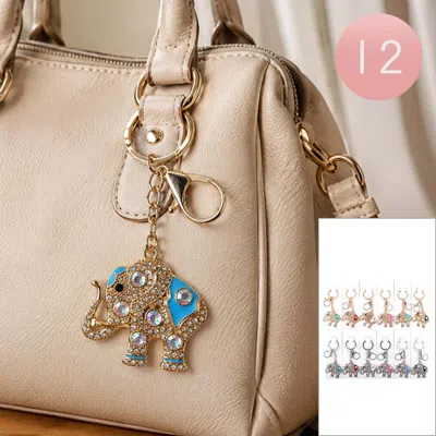 Fashnzfab 12pcs - Rhinestone Embellished Elephant Bag Charms Keychains In Gold