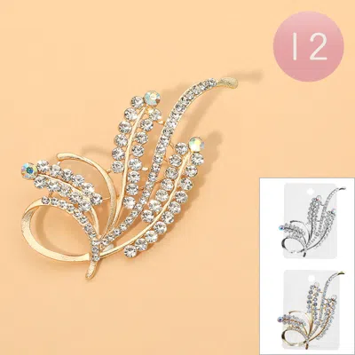 Fashnzfab 12pcs - Rhinestone Embellished Leaf Pin Brooches In Silver