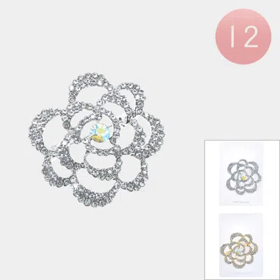 Fashnzfab 12pcs - Rhinestone Flower Pin Brooches 1.6" X 1.5" In White