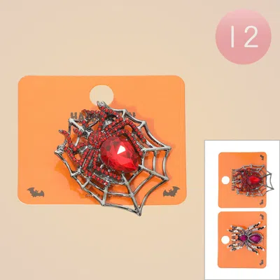 Fashnzfab 12pcs - Rhinestone Halloween Spider Web Pin Brooches In Red