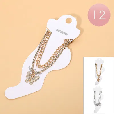 Fashnzfab 12pcs - Rhinestone Pave Butterfly Charm Layered Chain Anklets In Gold