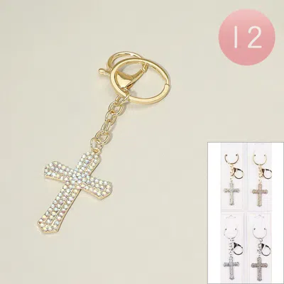 Fashnzfab 12pcs - Rhinestone Pave Cross Bag Charm Keychains In Gold