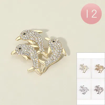 Fashnzfab 12pcs - Rhinestone Pave Dolphin Trio Pin Brooches In Gold