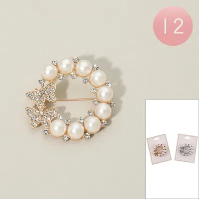 Fashnzfab 12pcs - Rhinestone Pave Double Butterfly Accent Pearl Ring Pin Brooches In Multi