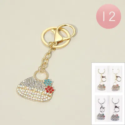 Fashnzfab 12pcs - Rhinestone Pave Handbag Bag Charm Keychains In Purple