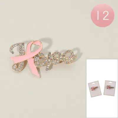 Fashnzfab 12pcs - Rhinestone Pave Hope Awareness Pink Ribbon Pin Brooches In Multi