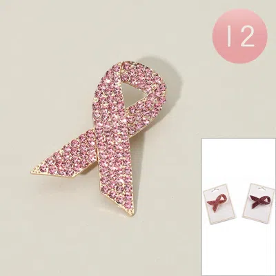 Fashnzfab 12pcs - Rhinestone Pave Pink Ribbon Pin Brooches In Multi