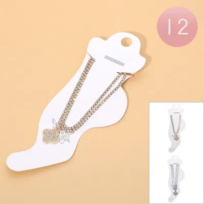 Fashnzfab 12pcs - Rhinestone Pave Quatrefoil Charm Double Layered Chain Anklets In Gold