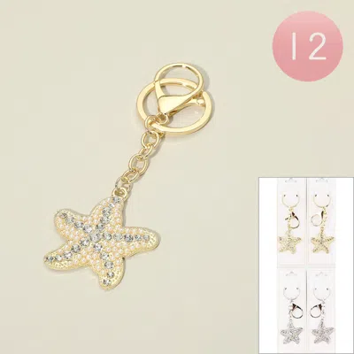 Fashnzfab 12pcs - Rhinestone Pearl Pave Starfish Bag Charm Keychains In Red