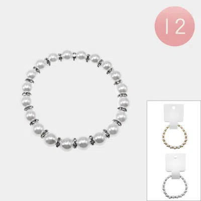 Fashnzfab 12pcs - Rhinestone Spacer Pearl Beaded Stretch Bracelets In Pink