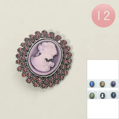 Fashnzfab 12pcs - Rhinestone Vintage Cameo Pin Brooches In Multi