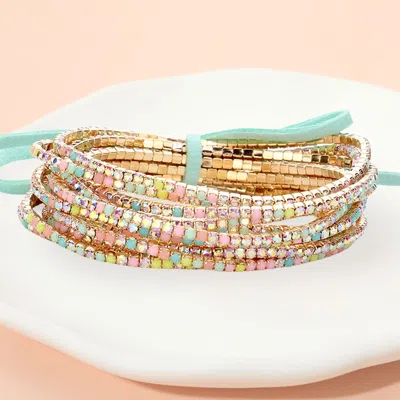 Fashnzfab 12pcs - Ribbon Colorful Rhinestone Layered Stretch Bracelets Ab, Gold, Mint In Silver
