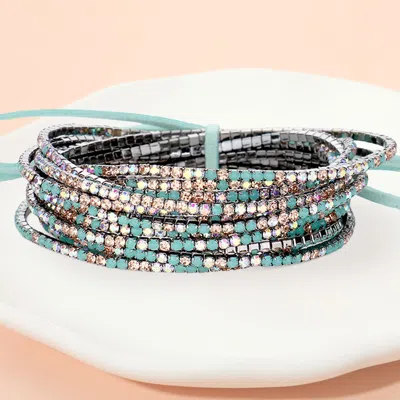 Fashnzfab 12pcs - Ribbon Colorful Rhinestone Layered Stretch Bracelets Ab, Hematite, Turquoise In Blue