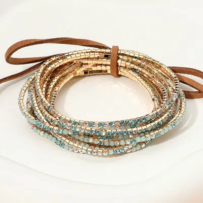 Fashnzfab 12pcs - Ribbon Colorful Rhinestone Layered Stretch Bracelets - Gold In Silver