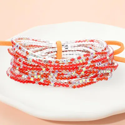 Fashnzfab 12pcs - Ribbon Colorful Rhinestone Layered Stretch Bracelets Orange, Silver In Red