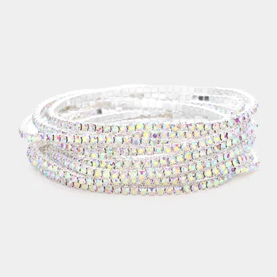Fashnzfab 12pcs - Stackable Rhinestone Stretch Evening Bracelets Ab, Silver