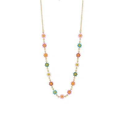 Fashnzfab 13.5" + 3" Multi Color Enamel Flower Necklace In Purple