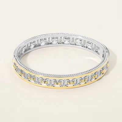 Fashnzfab 14 Gold Plated Two Tone Textured Hinged Bangle Bracelet In Metallic