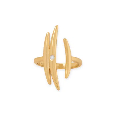 Fashnzfab 14 Karat Gold Plated Adjustable Cz Crescent Ring In Pink