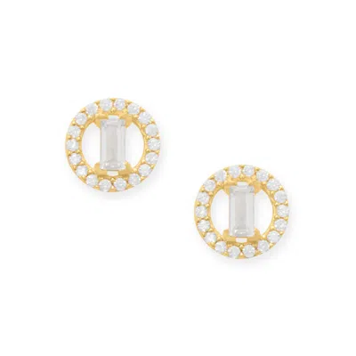 Fashnzfab 14 Karat Gold Plated Baguette And Halo Cz Stud Earrings