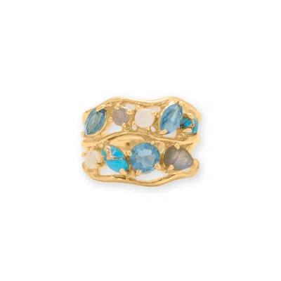 Fashnzfab 14 Karat Gold Plated Blue Multi Stone Cluster Ring