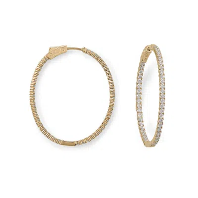 Fashnzfab 14 Karat Gold Plated Oval In/out Cz Hoop Earrings In Pink